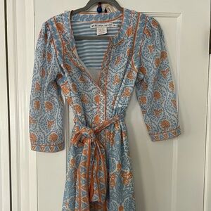 Gretchen Scott Designs Orange and Blue Wrap Dress with Puff Sleeve size Medium